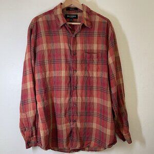 Brandini Button Down Shirt Medium 100% Linen Red Orange Plaid Long Sleeve Fall